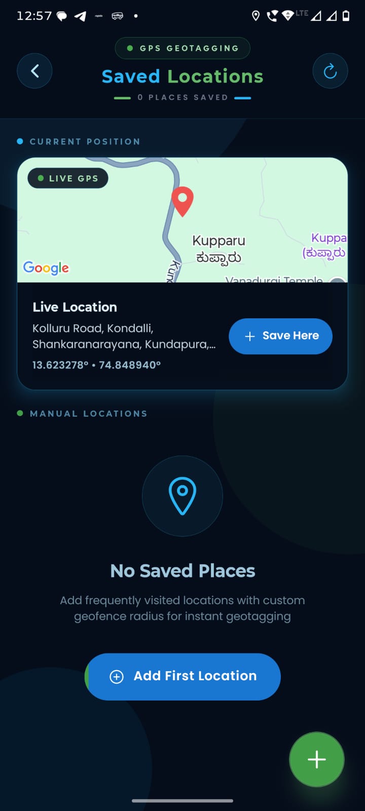 Saved Locations screen with live GPS position and geofenced places
