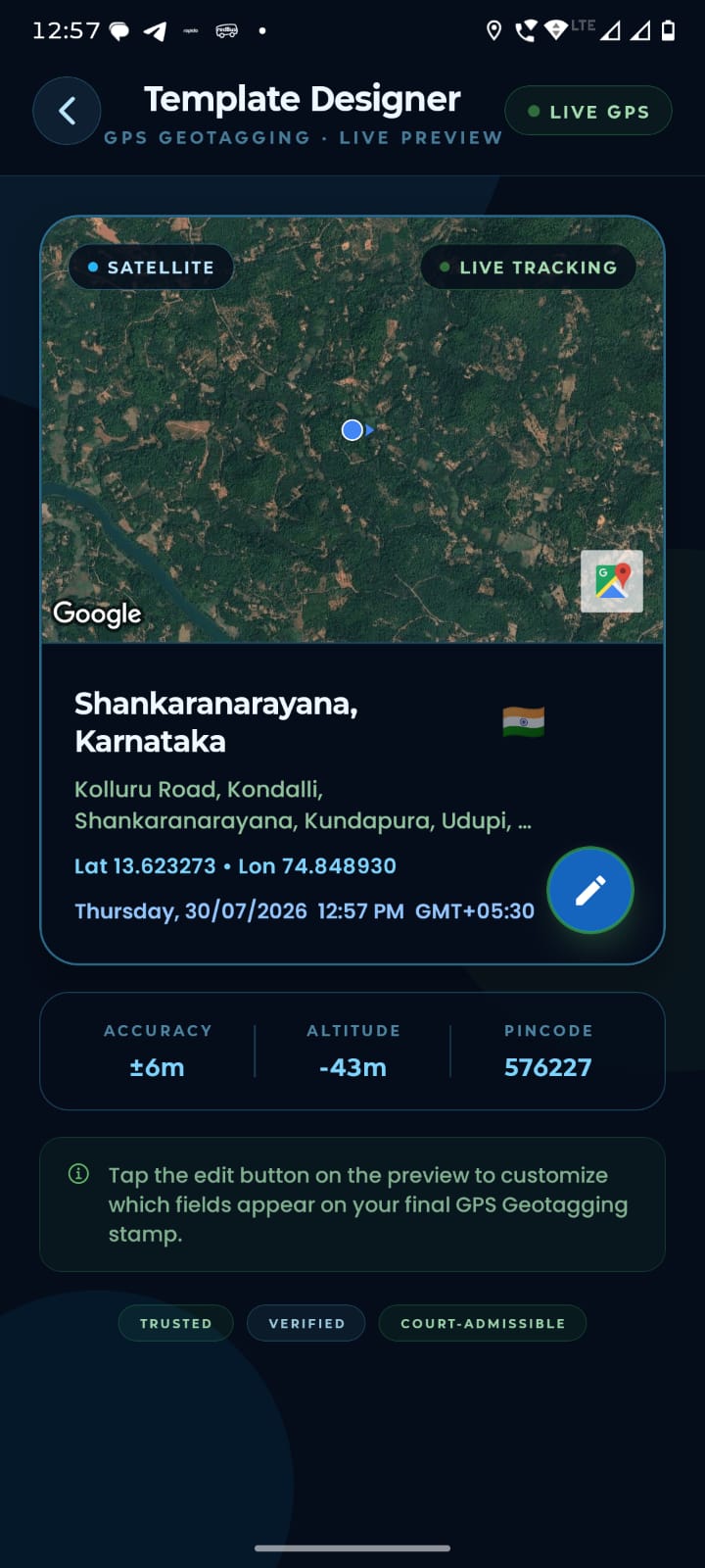 GPS Geo Tagging live preview showing satellite map, coordinates, accuracy, altitude and Trusted, Verified, Court-admissible badges